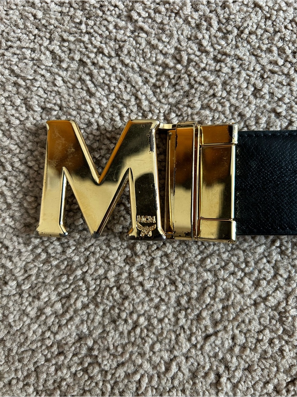 MCM Men's Black Leather Belt with Gold M Logo Buckle
